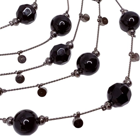 Black Glass Beaded Layered Statement Necklace 20" Gunmetal Multi-Strand - Picture 3 of 9